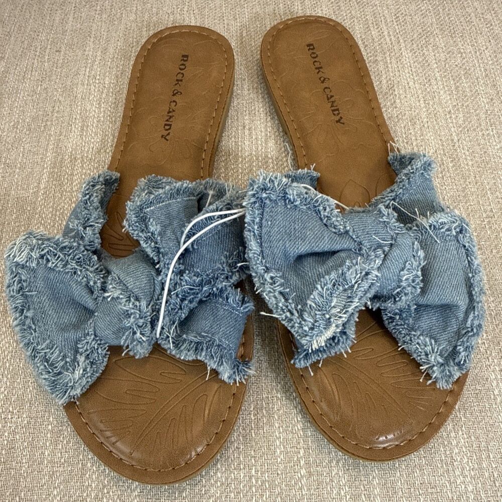 Rock & Candy Frayed Denim Bow Cute Chic Stylish Summer Casual Sandals - Picture 4 of 12